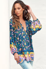 Kellie Top - Oversized Style with Mandarin Collar Top Posy Print