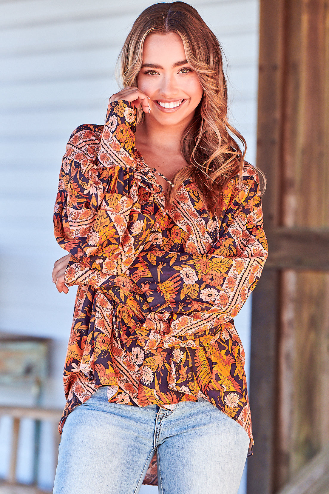 Folk Blouse - Relaxed Wide Sleeve Tie Cuff Blouse in Lantana Print