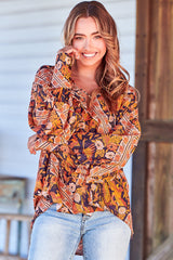 Folk Blouse - Relaxed Wide Sleeve Tie Cuff Blouse in Lantana Print