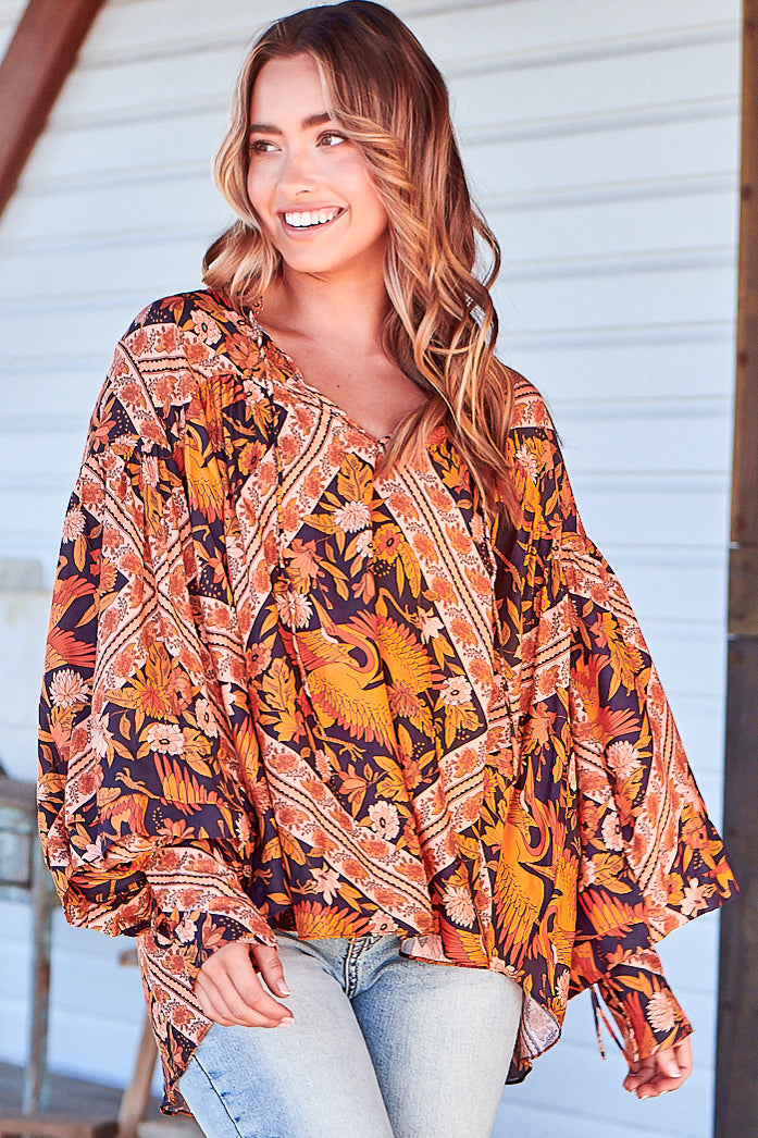 Folk Blouse - Relaxed Wide Sleeve Tie Cuff Blouse in Lantana Print