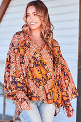 Folk Blouse - Relaxed Wide Sleeve Tie Cuff Blouse in Lantana Print