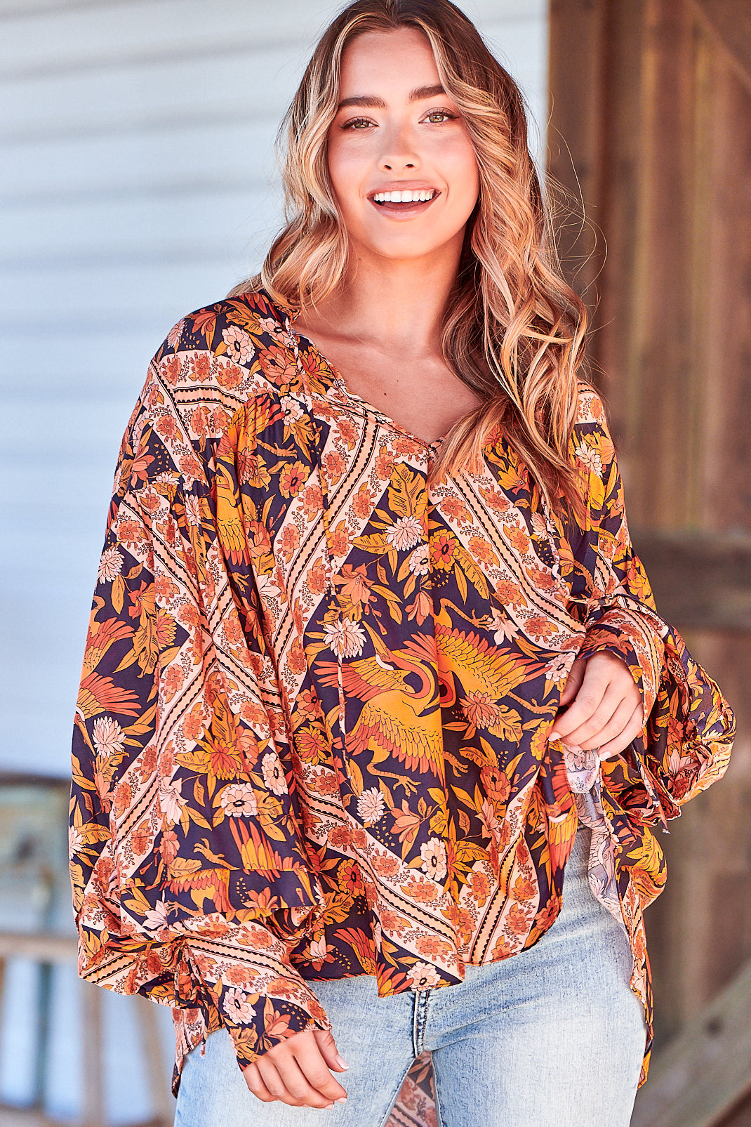 Folk Blouse - Relaxed Wide Sleeve Tie Cuff Blouse in Lantana Print