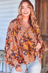 Folk Blouse - Relaxed Wide Sleeve Tie Cuff Blouse in Lantana Print