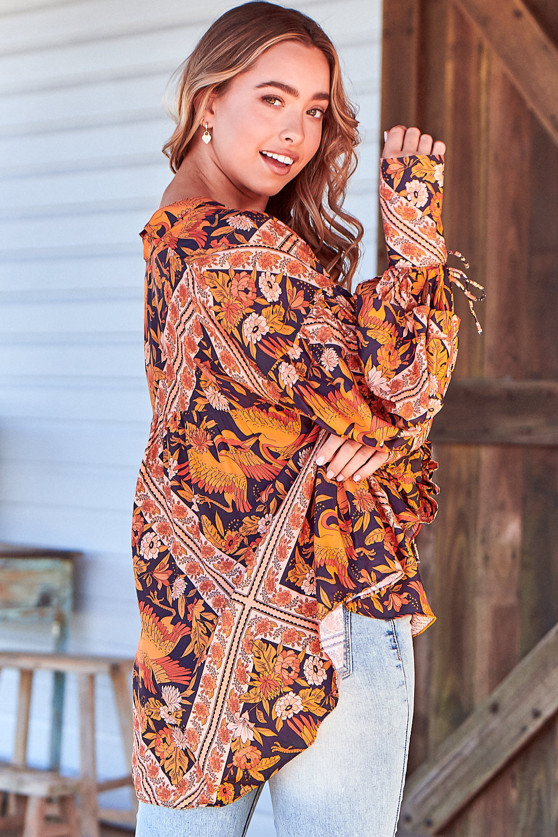 Folk Blouse - Relaxed Wide Sleeve Tie Cuff Blouse in Lantana Print