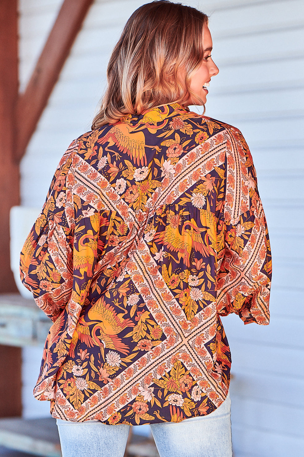 Folk Blouse - Relaxed Wide Sleeve Tie Cuff Blouse in Lantana Print