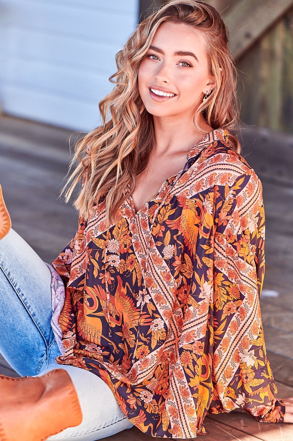 Folk Blouse - Relaxed Wide Sleeve Tie Cuff Blouse in Lantana Print