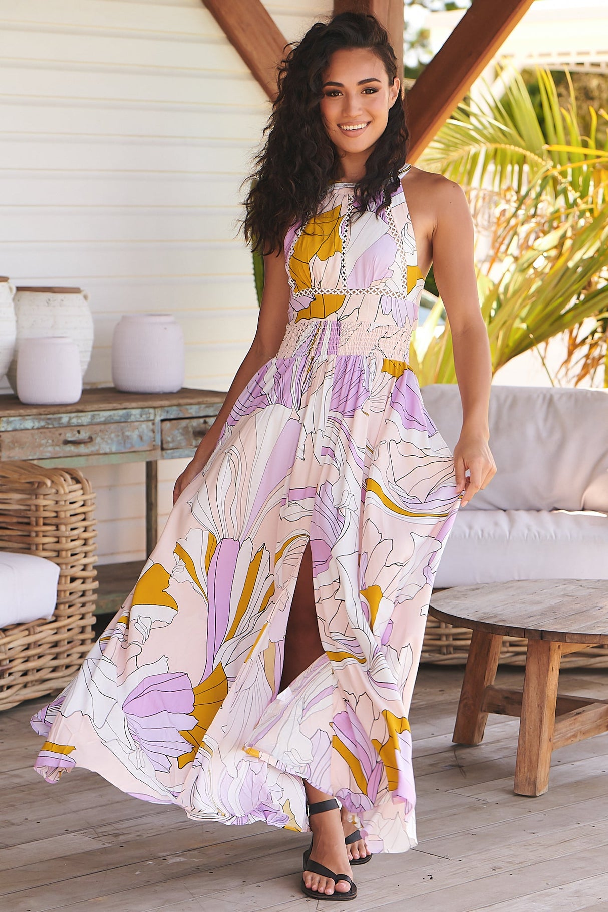 JAASE - Endless Maxi Dress: Halter Crochet Detailed Dress in Lavender Swirl Print