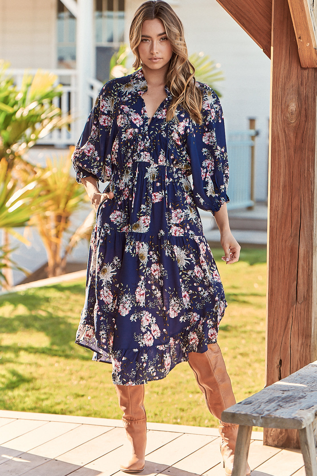 Jasmine Midi Dress - Mandarin Collar U Hemline Midi Dress in Piana Print