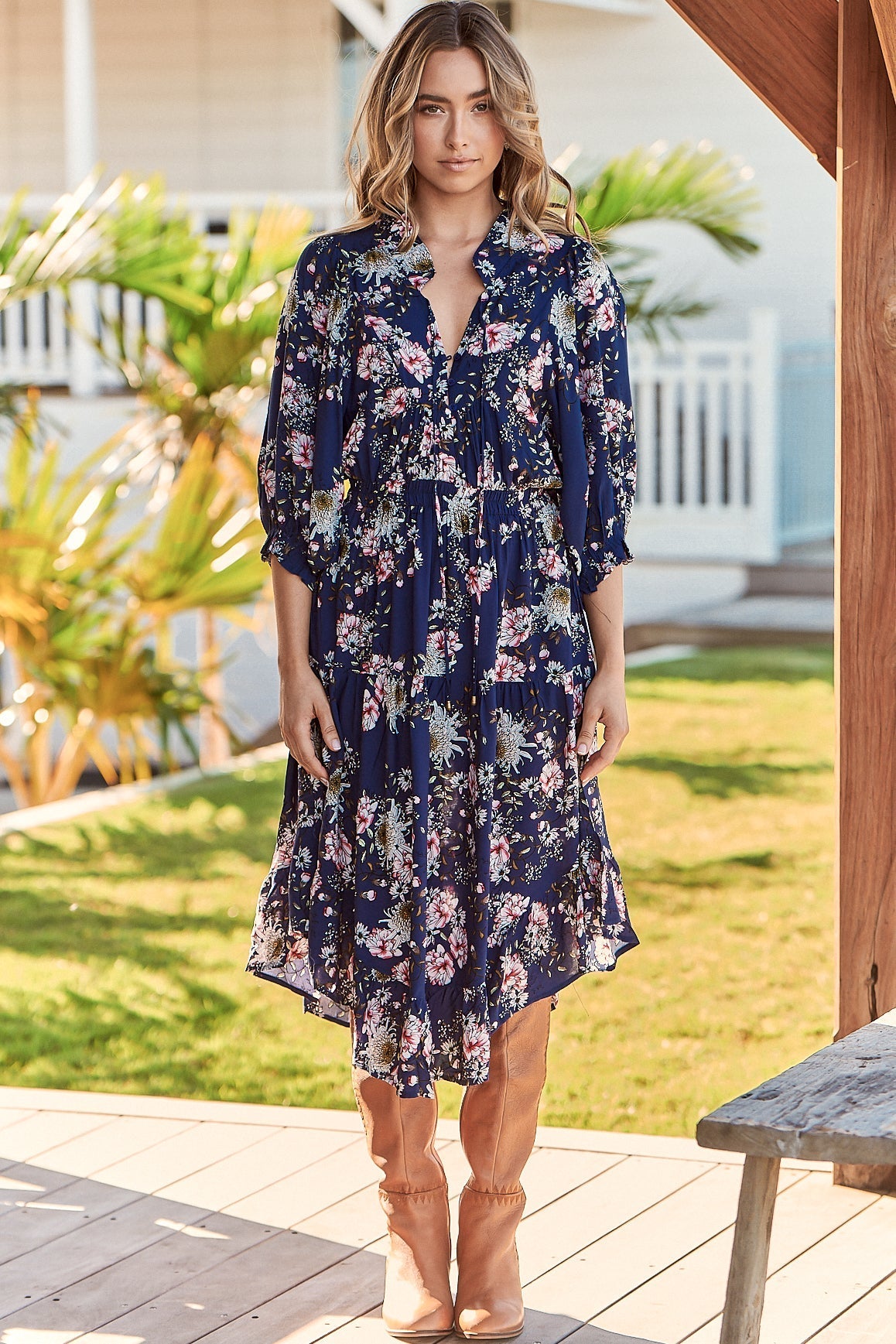 Jasmine Midi Dress - Mandarin Collar U Hemline Midi Dress in Piana Print