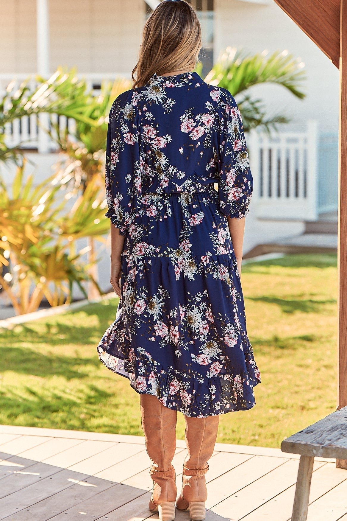 Jasmine Midi Dress - Mandarin Collar U Hemline Midi Dress in Piana Print