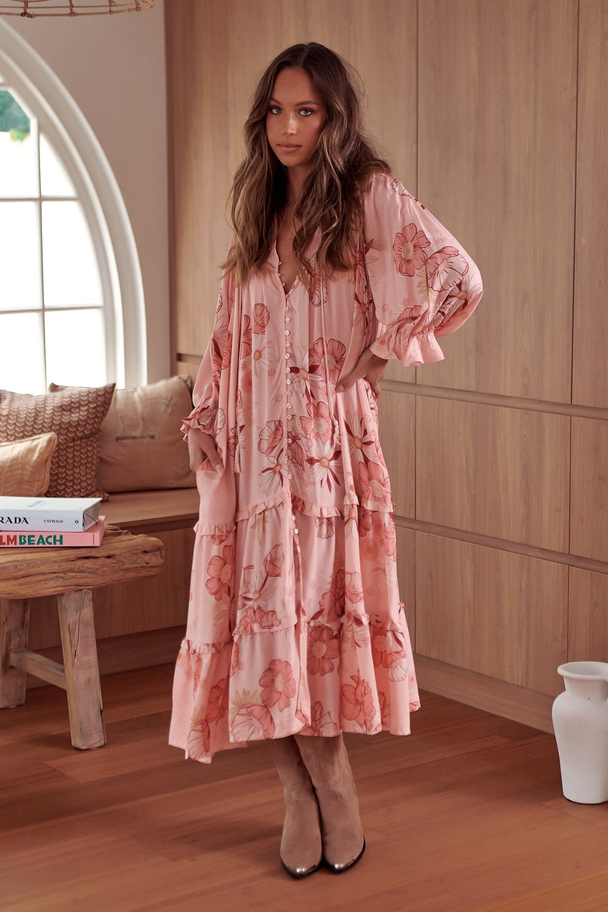 Briana Midi Dress - Frill Collar Oversized Buttoned Dress with Waist Tie and Frill Splicing in Beliss Print