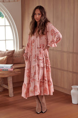 Briana Midi Dress - Frill Collar Oversized Buttoned Dress with Waist Tie and Frill Splicing in Beliss Print