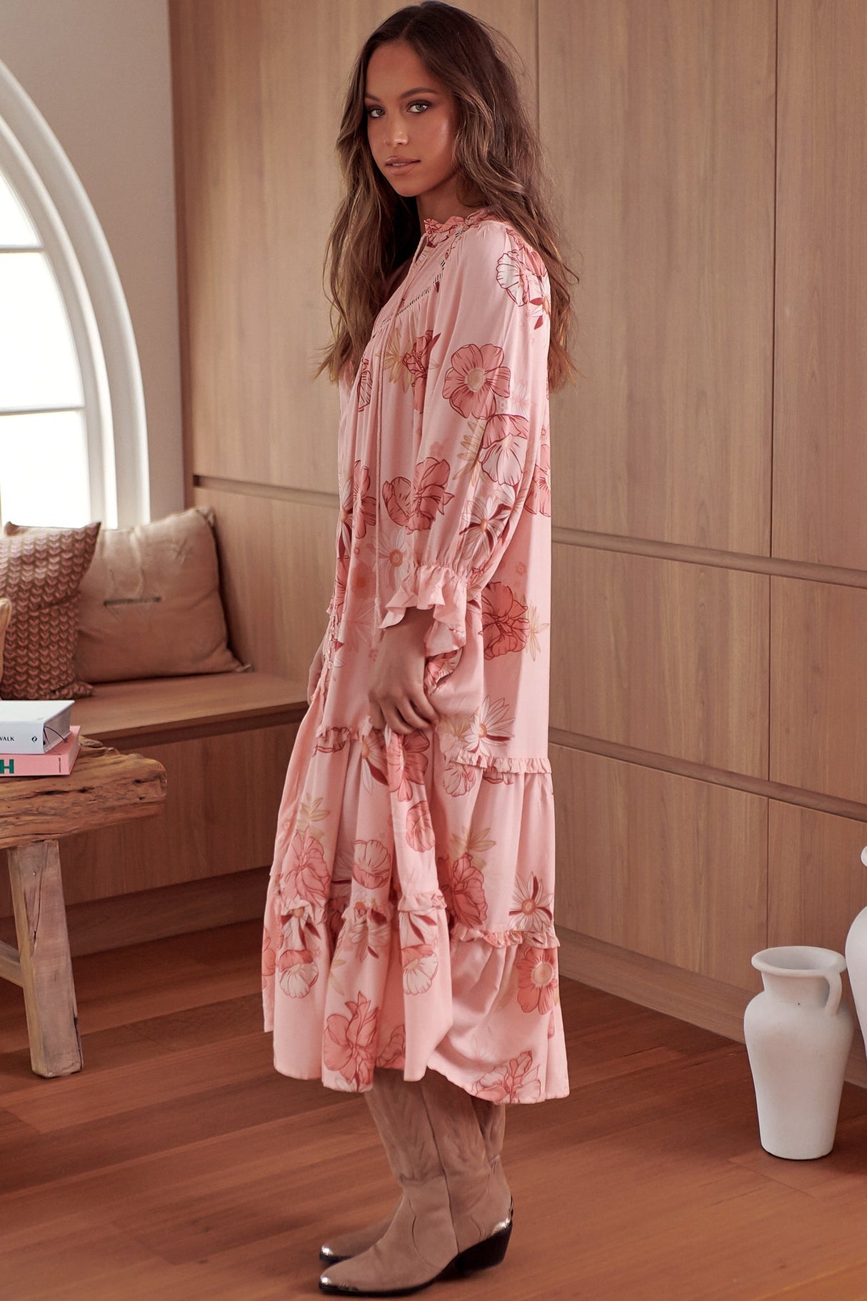 Briana Midi Dress - Frill Collar Oversized Buttoned Dress with Waist Tie and Frill Splicing in Beliss Print