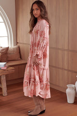 Briana Midi Dress - Frill Collar Oversized Buttoned Dress with Waist Tie and Frill Splicing in Beliss Print
