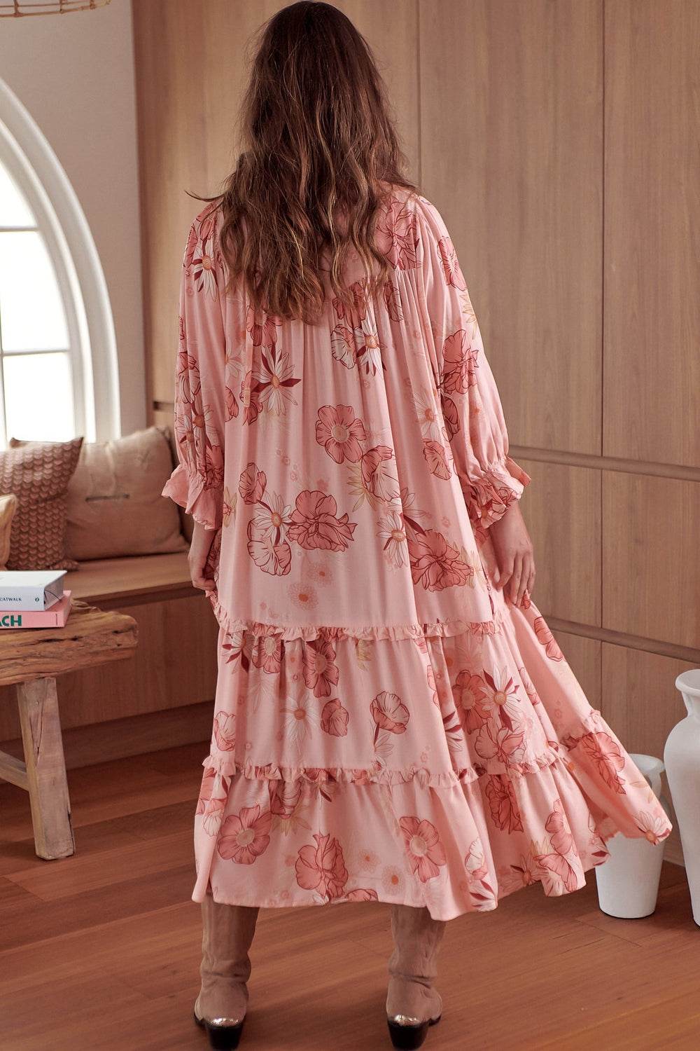 JAASE - Briana Midi Dress: Pink Floral Oversized Buttoned Dress with Waist Tie and Frill Splicing in Beliss Print
