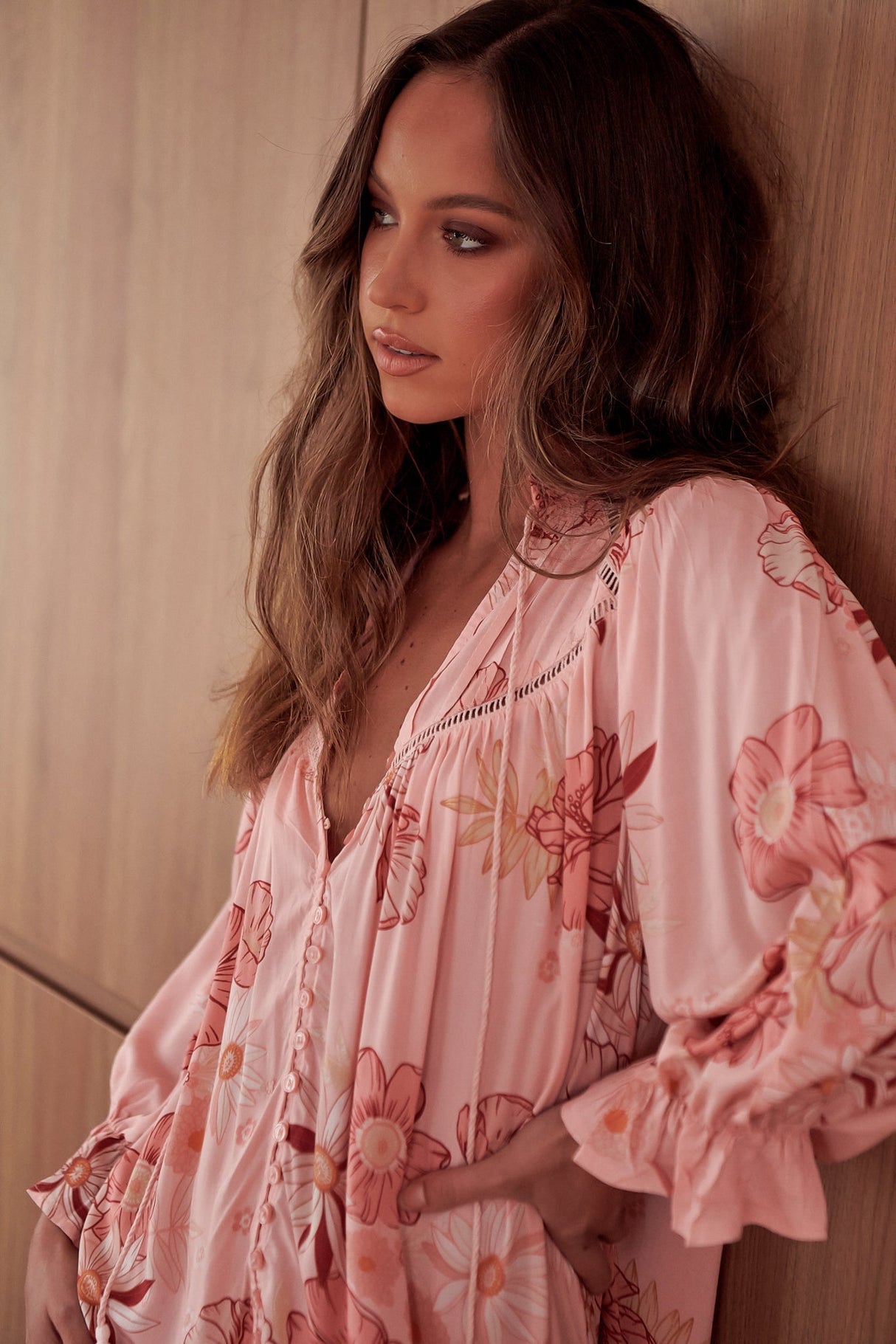 Briana Midi Dress - Frill Collar Oversized Buttoned Dress with Waist Tie and Frill Splicing in Beliss Print