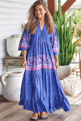 Jazmin Maxi Dress - Mandarin Collar Pin Tuck Detailed Smock Dress in Celestial Print