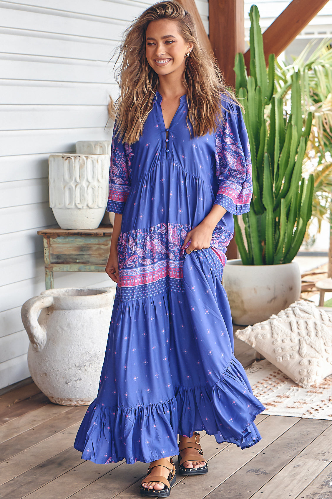 Jazmin Maxi Dress - Mandarin Collar Pin Tuck Detailed Smock Dress in Celestial Print
