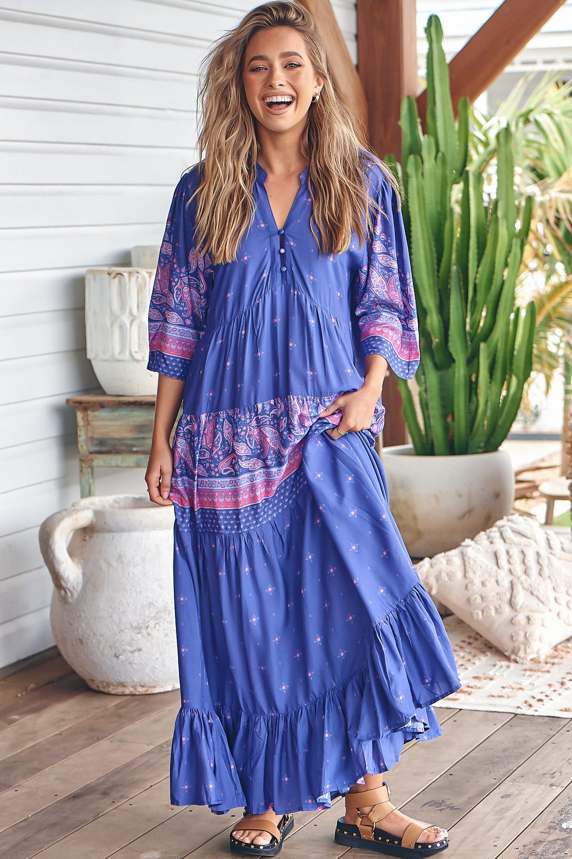 Jazmin Maxi Dress - Mandarin Collar Pin Tuck Detailed Smock Dress in Celestial Print