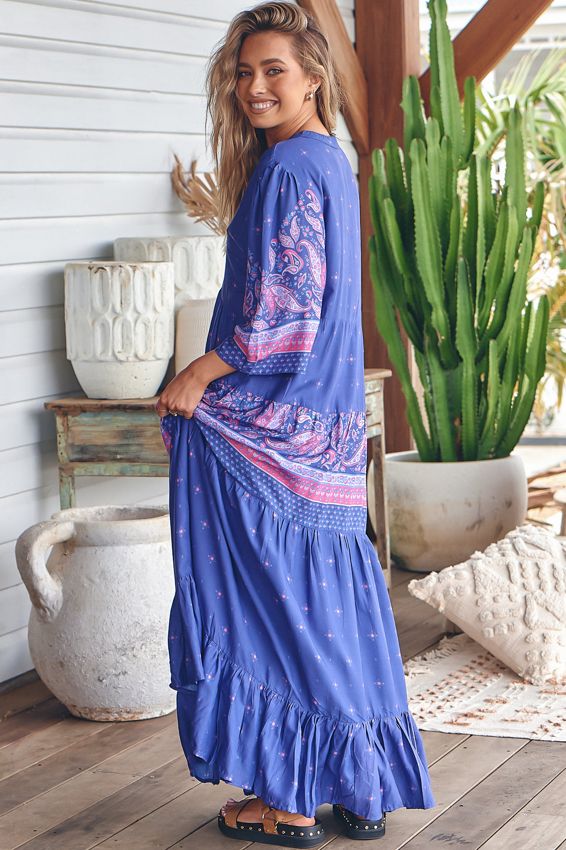 Jazmin Maxi Dress - Mandarin Collar Pin Tuck Detailed Smock Dress in Celestial Print