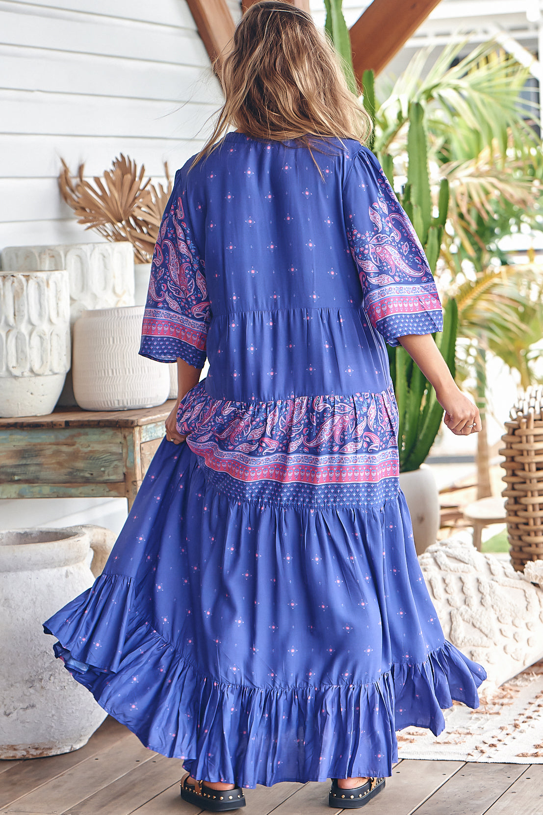 Jazmin Maxi Dress - Mandarin Collar Pin Tuck Detailed Smock Dress in Celestial Print
