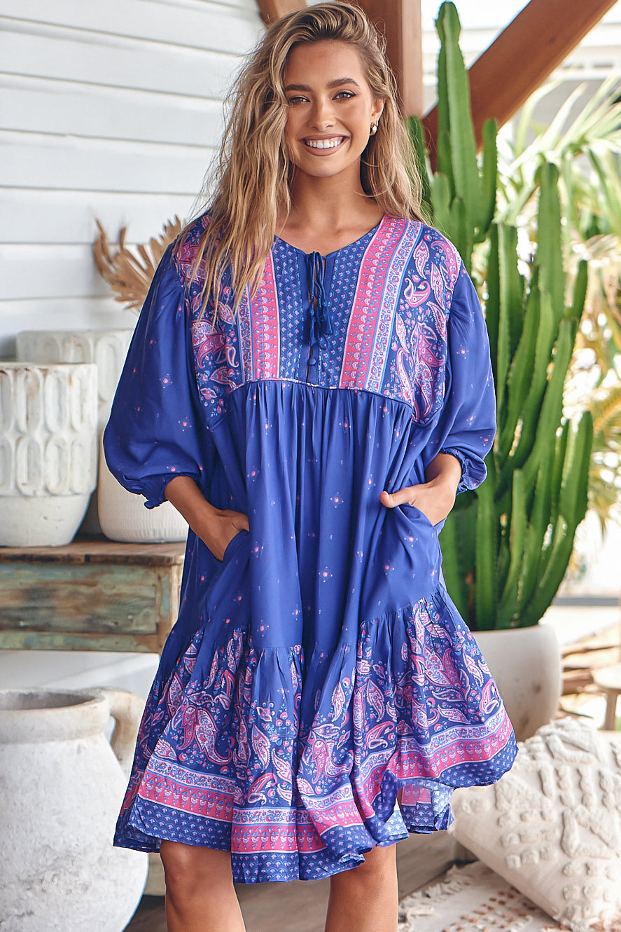 Goldie Mini Dress - Crew Neckline with Tassel Ties Smock Dress in Celestial Print