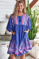 Goldie Mini Dress - Crew Neckline with Tassel Ties Smock Dress in Celestial Print