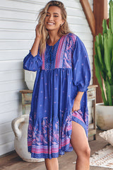 Goldie Mini Dress - Crew Neckline with Tassel Ties Smock Dress in Celestial Print