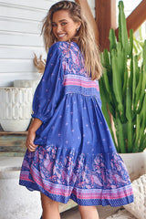 Goldie Mini Dress - Crew Neckline with Tassel Ties Smock Dress in Celestial Print