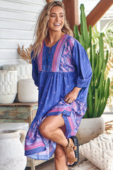 Goldie Mini Dress - Crew Neckline with Tassel Ties Smock Dress in Celestial Print