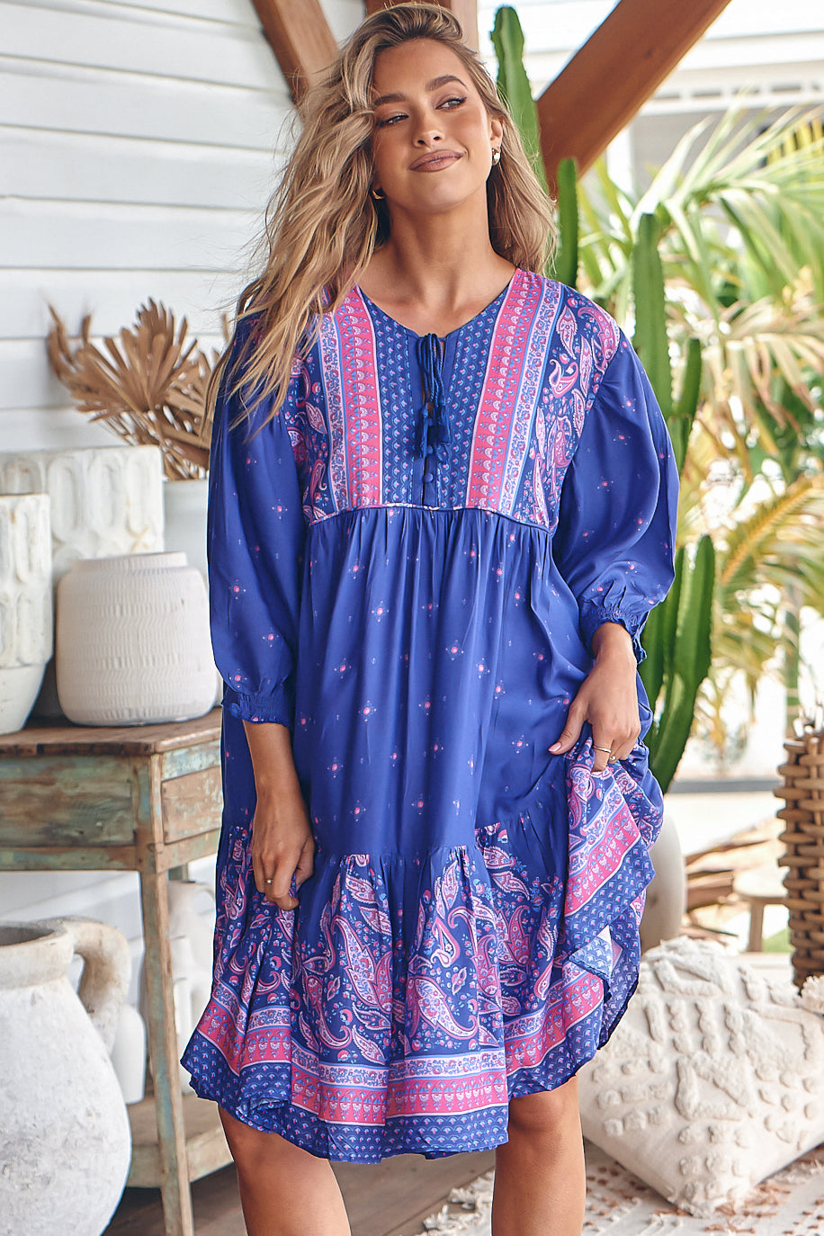 Goldie Mini Dress - Crew Neckline with Tassel Ties Smock Dress in Celestial Print