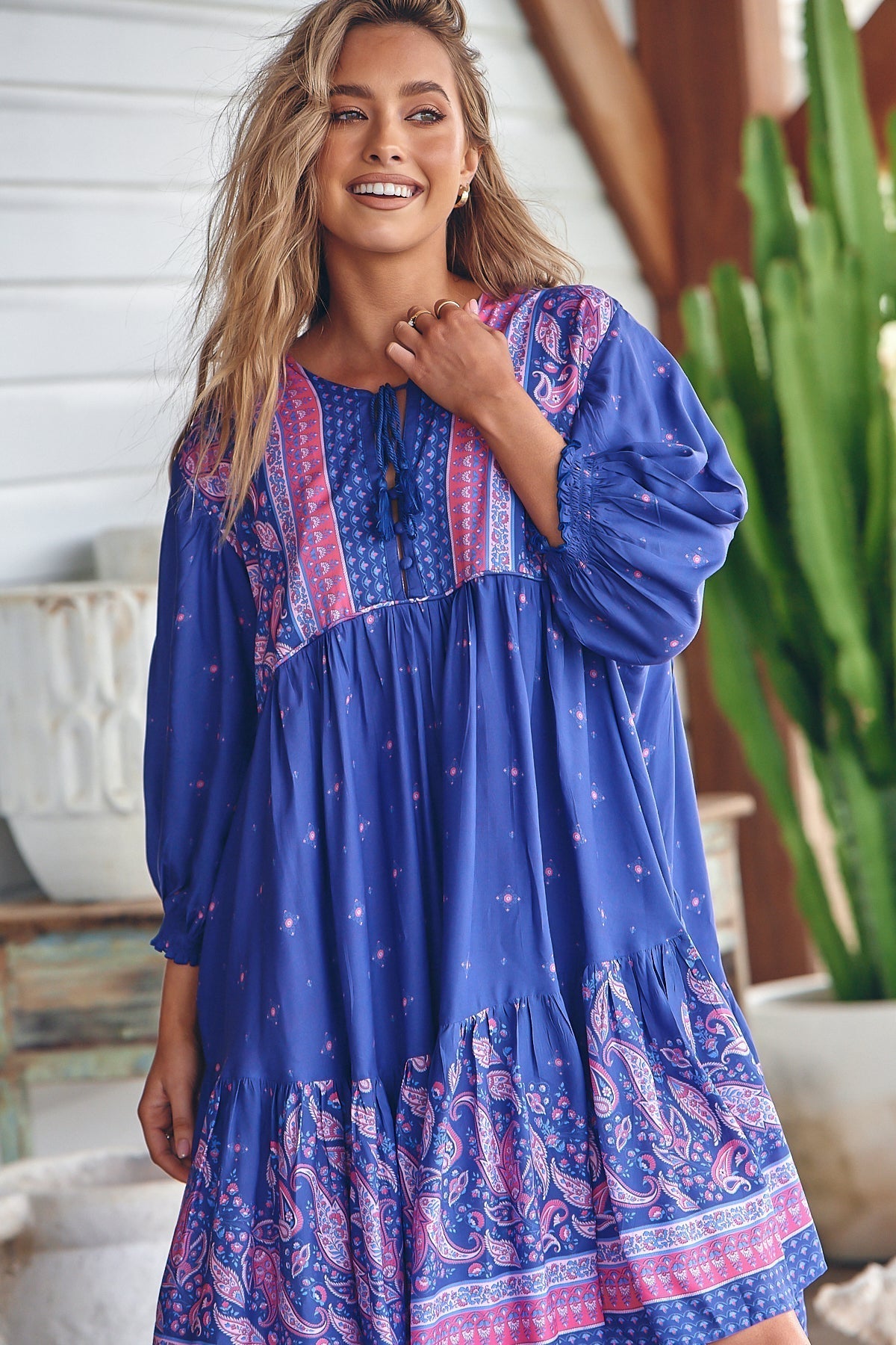 Goldie Mini Dress - Crew Neckline with Tassel Ties Smock Dress in Celestial Print