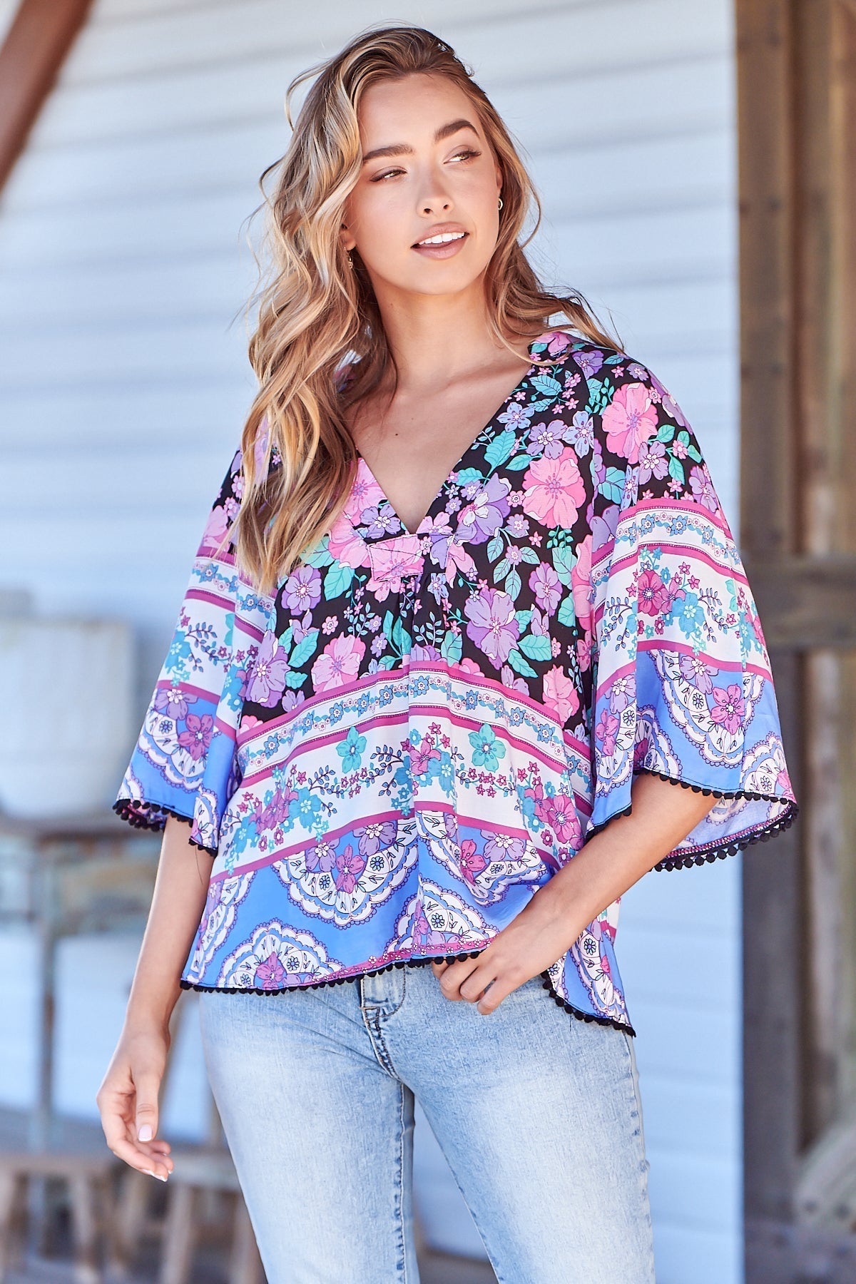 Gabriella Top - Mandarin Collar Top with Crochet Trim in Black Bird Print