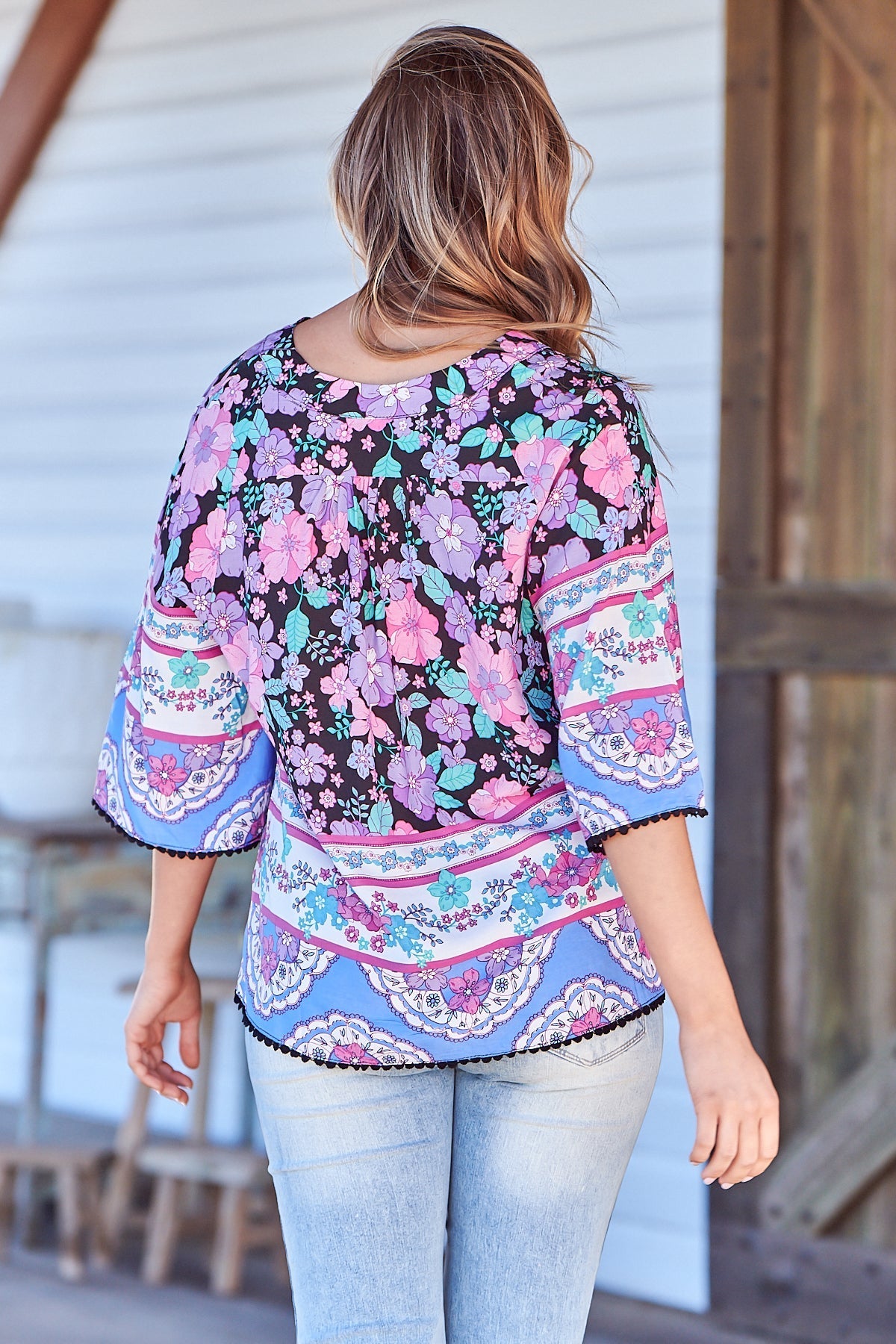 Gabriella Top - Mandarin Collar Top with Crochet Trim in Black Bird Print