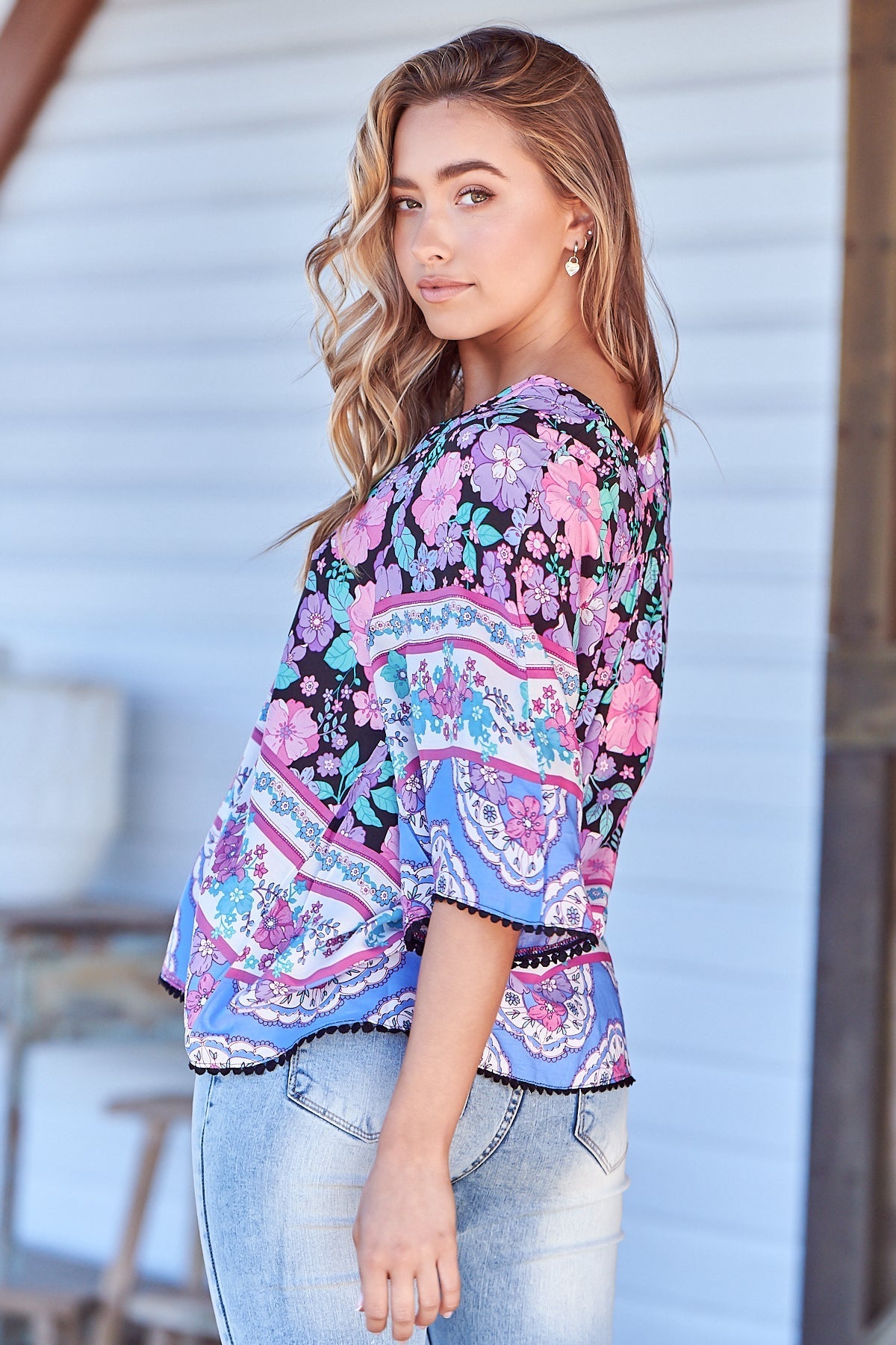 Gabriella Top - Mandarin Collar Top with Crochet Trim in Black Bird Print