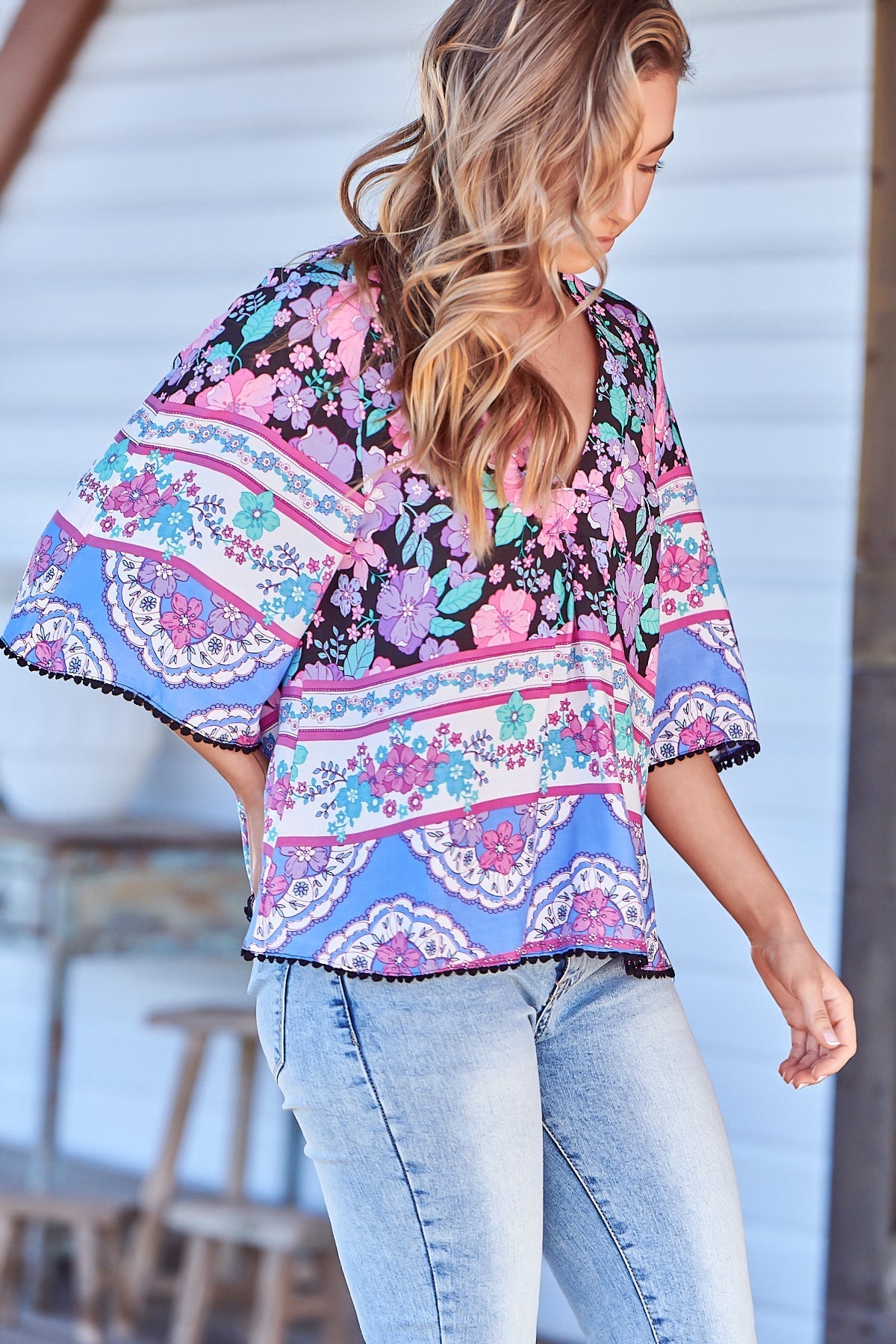 Gabriella Top - Mandarin Collar Top with Crochet Trim in Black Bird Print