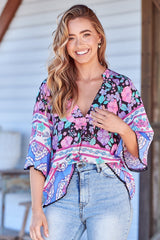 Gabriella Top - Mandarin Collar Top with Crochet Trim in Black Bird Print