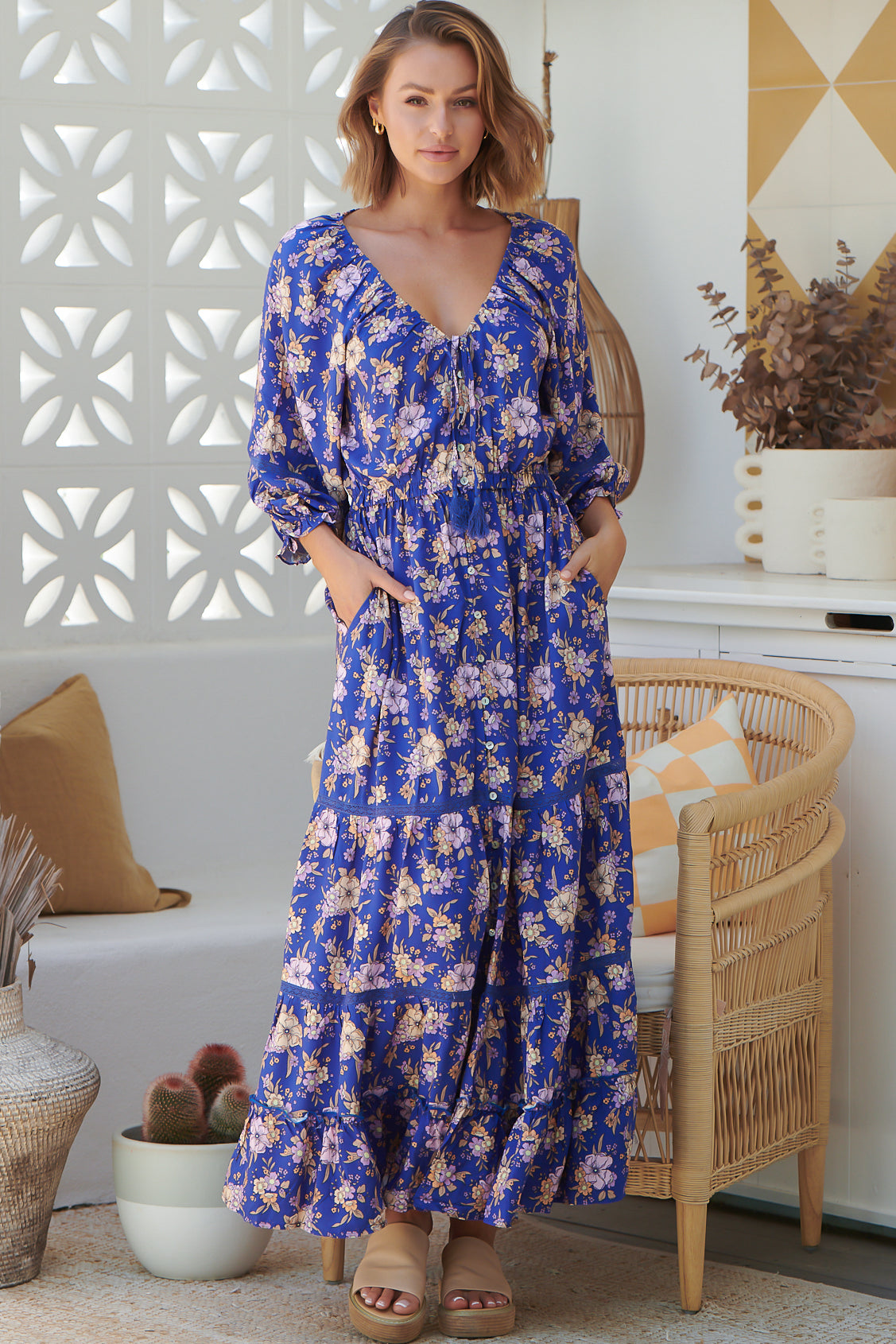 JAASE - Hailee Maxi Dress: V Neckline Dress with Side Pockets in Delfina Print