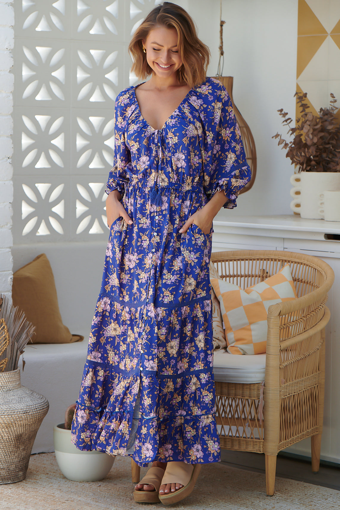 JAASE - Hailee Maxi Dress: V Neckline Dress with Side Pockets in Delfina Print