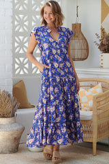 JAASE - Agnes Maxi Dress: V Neckline with Cap Sleeves Dress in Delfina Print