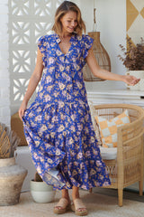 JAASE - Agnes Maxi Dress: V Neckline with Cap Sleeves Dress in Delfina Print