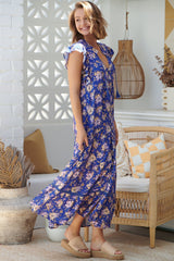 JAASE - Agnes Maxi Dress: V Neckline with Cap Sleeves Dress in Delfina Print