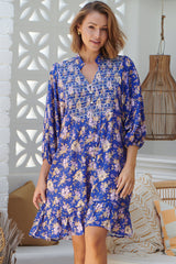 JAASE - Jones Mini Dress:  Babydoll Dress with Shirred Front Detail in Delfina Print