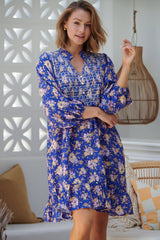 JAASE - Jones Mini Dress:  Babydoll Dress with Shirred Front Detail in Delfina Print