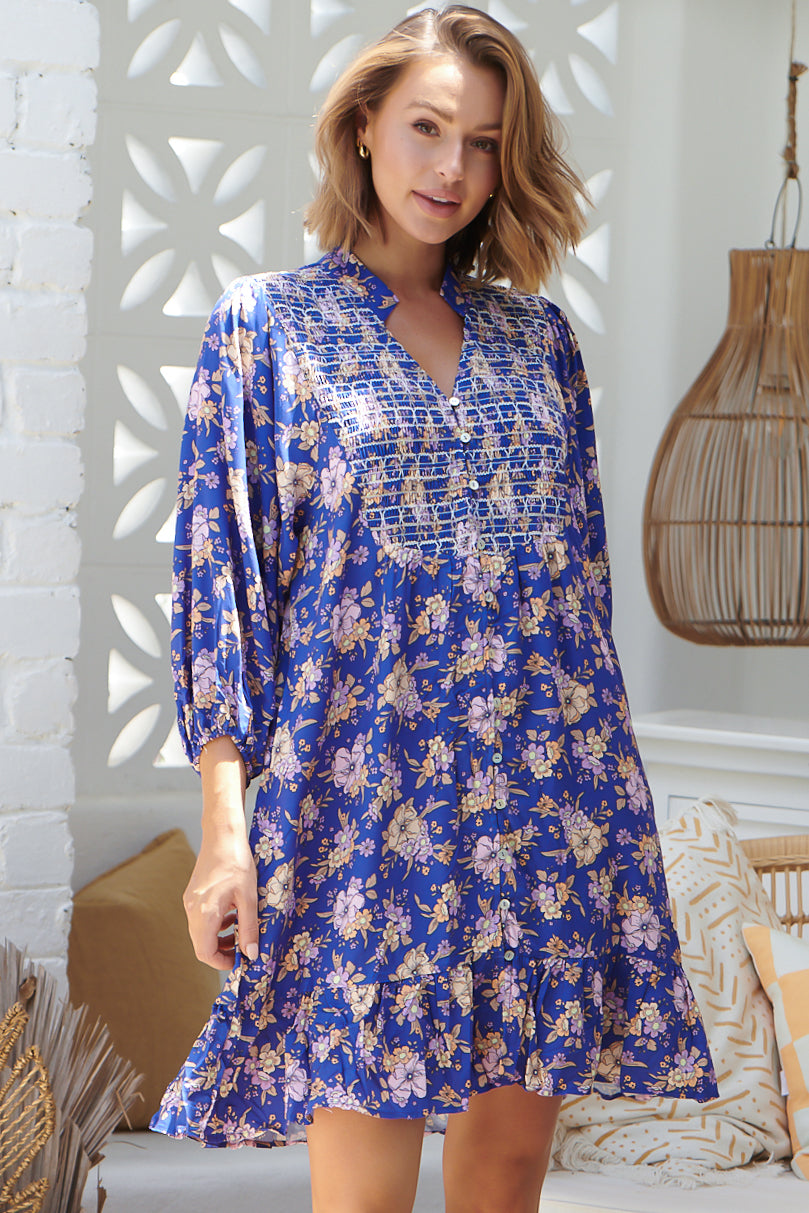 JAASE - Jones Mini Dress:  Babydoll Dress with Shirred Front Detail in Delfina Print
