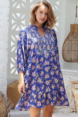 JAASE - Jones Mini Dress:  Babydoll Dress with Shirred Front Detail in Delfina Print