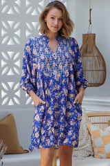JAASE - Jones Mini Dress:  Babydoll Dress with Shirred Front Detail in Delfina Print