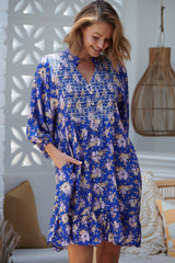JAASE - Jones Mini Dress:  Babydoll Dress with Shirred Front Detail in Delfina Print