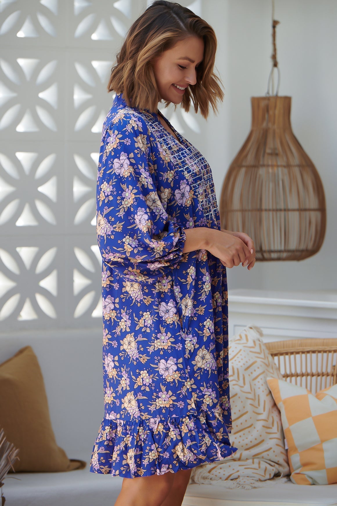 JAASE - Jones Mini Dress:  Babydoll Dress with Shirred Front Detail in Delfina Print