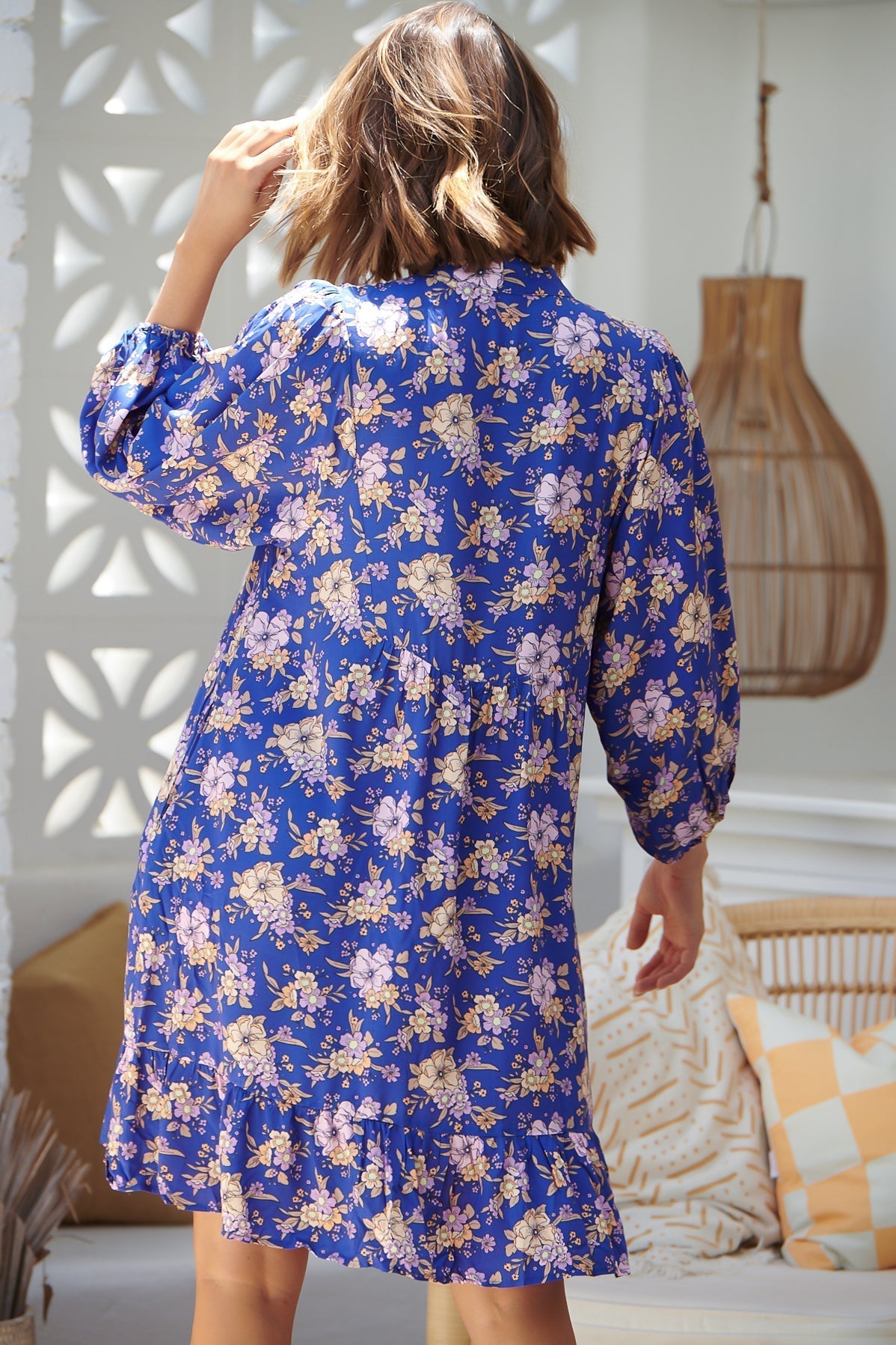 JAASE - Jones Mini Dress:  Babydoll Dress with Shirred Front Detail in Delfina Print